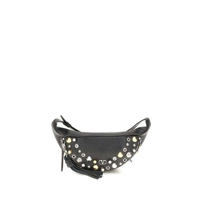 Valentino Garavani Black Calf Leather Bos Taurus Shoulder Bag with studs and VLogo
