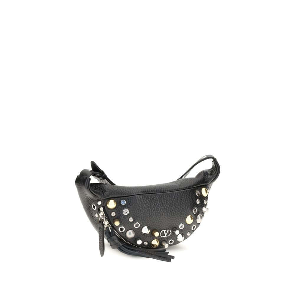 Valentino Garavani Black Calf Leather Bos Taurus Shoulder Bag with studs and VLogo, featuring adjustable belt and zipper closure.