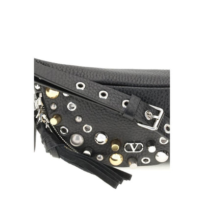 Valentino Garavani Black Calf Leather Bos Taurus Shoulder Bag with studs and VLogo detail, zipper closure shown.