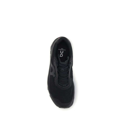 Top view of ON Black Recycled Polyester Athletic Sneakers, featuring lightweight mesh upper and legendary cushioning.