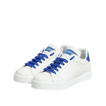 Dolce & Gabbana White Blue Leather Low Top Sneakers Shoes with blue laces and rubber sole, showcasing luxury design and craftsmanship.