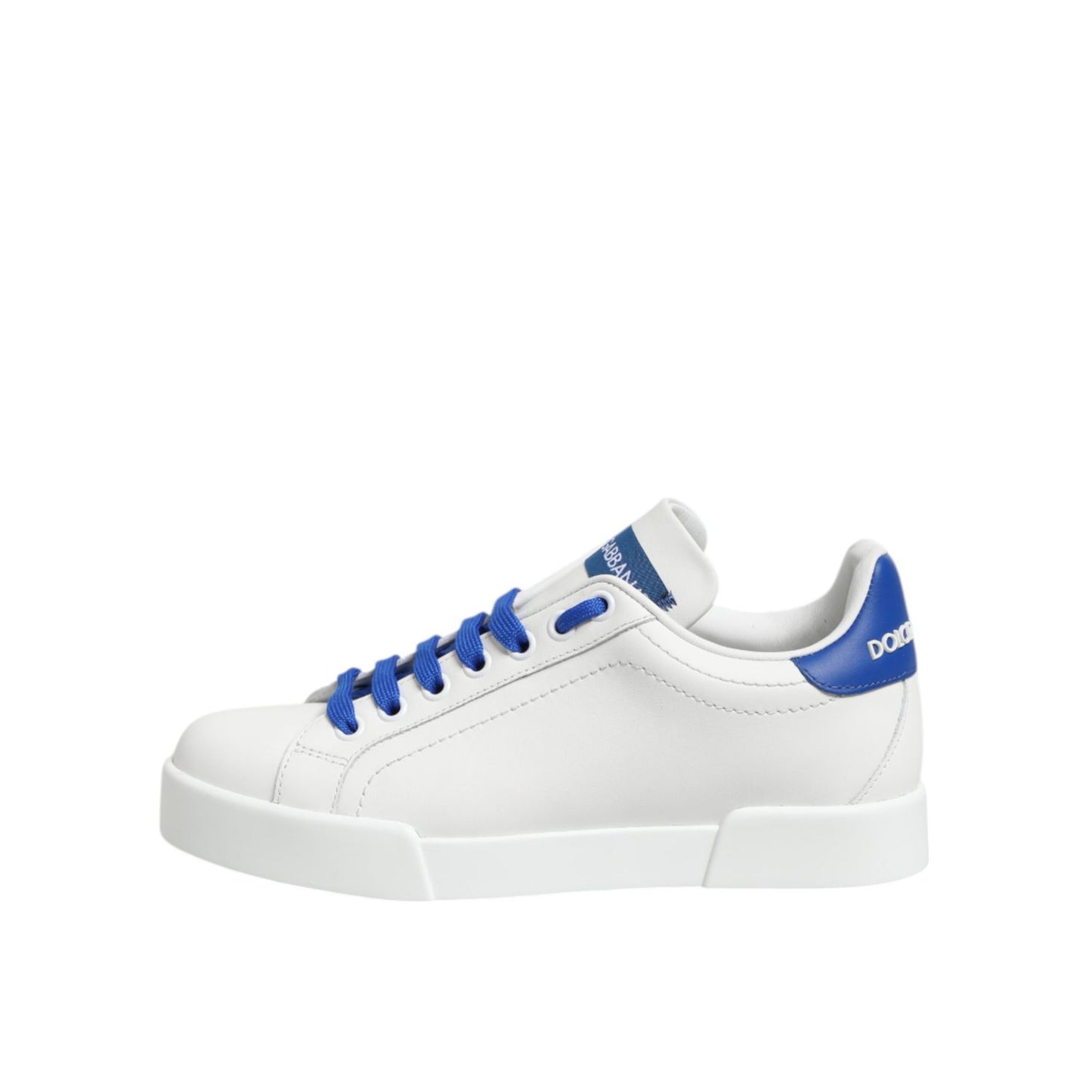 Dolce & Gabbana White Blue Leather Low Top Sneakers Shoes with white sole and logo details, minor defect on right shoe.