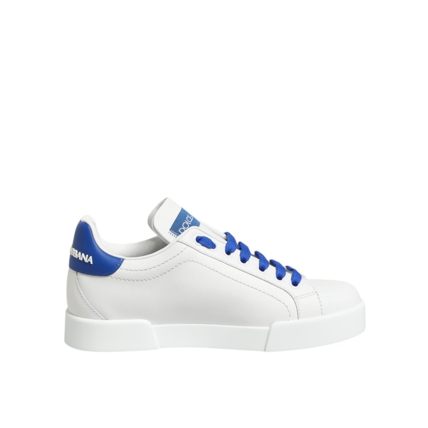 Dolce & Gabbana White Blue Leather Low Top Sneakers Shoes with rubber sole and logo details.