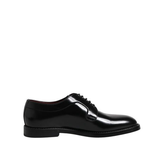 Dolce & Gabbana Black Calf Leather Lace Up Dress Shoes with logo details and leather sole, made in Italy. Luxurious men's derby shoes.
