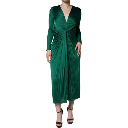 Dolce & Gabbana Dark Green Viscose Long Sleeve Midi Dress with twist detail, hidden zipper, and sleek satin fabric, model wearing.