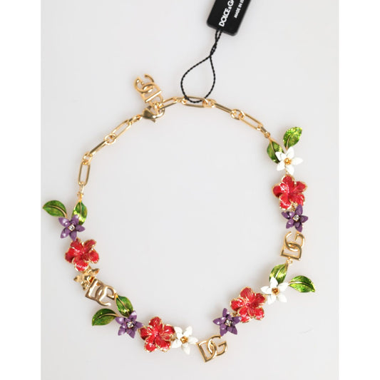 Dolce & Gabbana Gold Brass Logo Detail Floral Fashion Jewelry Necklace with multicolor flowers and DG logos.