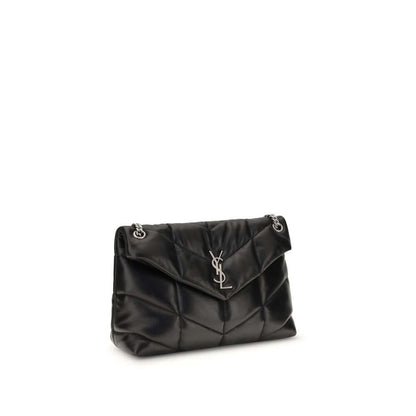 Saint Laurent Black Lamb Ovis Aries Aries Shoulder Bag with quilted design and silver YSL plaque.