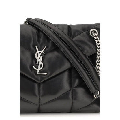 Saint Laurent Black Lamb Ovis Aries Aries Shoulder Bag with silver YSL plaque and leather-braided chain strap on quilted design.