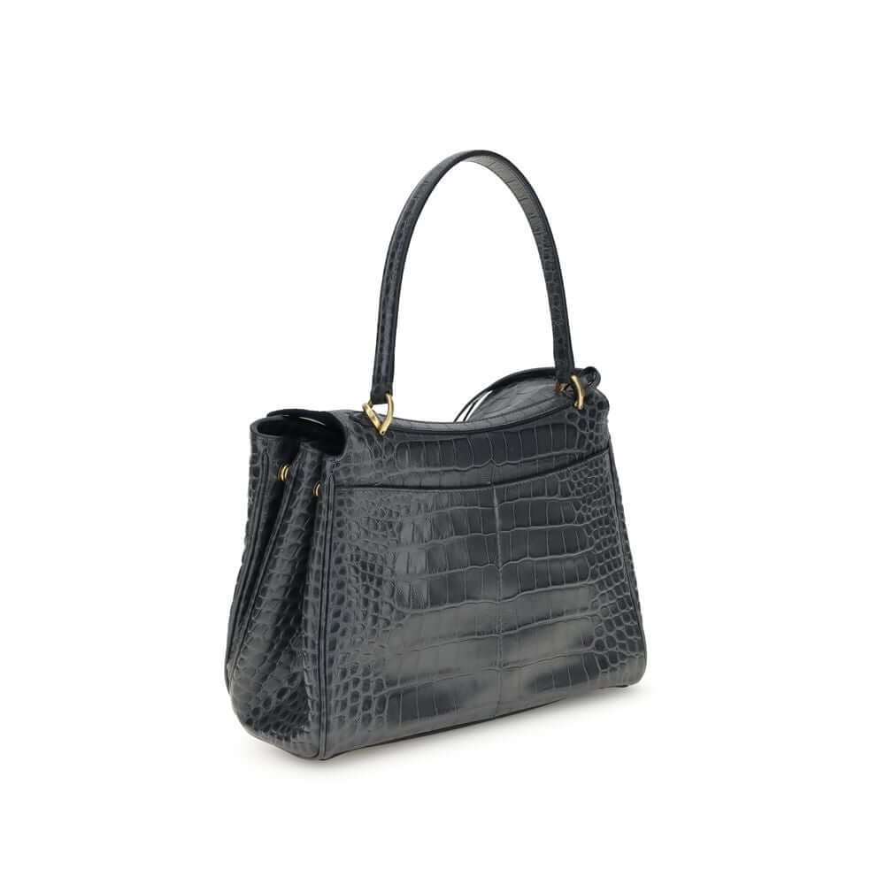 Balenciaga Black Calf Leather Bos Taurus Shoulder Bag with crocodile-print and top handle, featuring removable strap and turn lock closure.