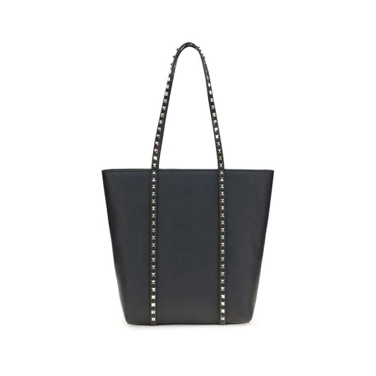 Valentino Garavani Black Calf Leather Bos Taurus Shoulder Bag with iconic platinum-finish studs and zipper closure.