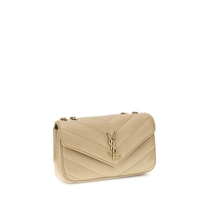 Alt Tag: Saint Laurent Beige LouLou Shoulder Bag with quilted design and brass logo, featuring versatile leather and chain strap.