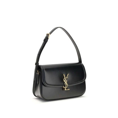 Saint Laurent Black Calf Leather Bos Taurus Shoulder Bag with bronze Cassandre logo and adjustable strap.