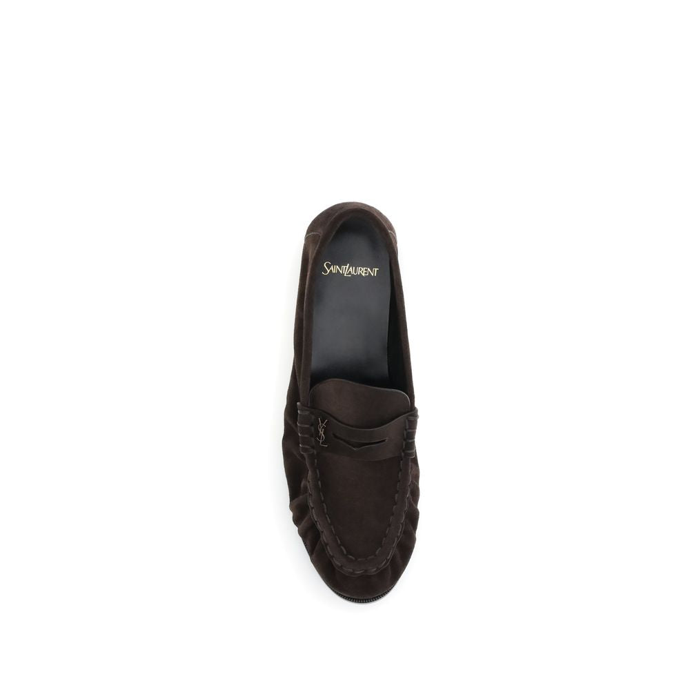 Saint Laurent Brown Calf Leather Bos Taurus Slip-On Loafers top view with Cassandre embellishment and leather sole.