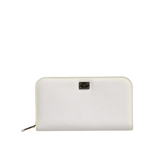 Dolce & Gabbana White Leather Logo Plaque Zip Around Continental Wallet with metal hardware and zip closure.