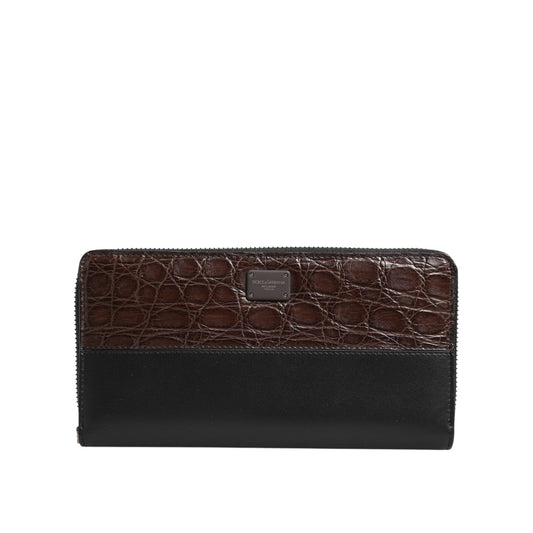 Dolce & Gabbana Black Brown Exotic Leather Men Continental Clutch Wallet with zip closure and logo plaque.