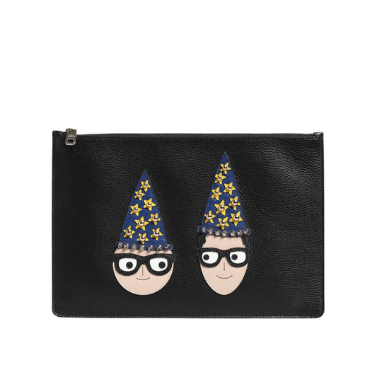 Dolce & Gabbana Black Leather #DGFAMILY Embellished Men Clutch Pouch Bag with multicolor graphic appliques and zip closure