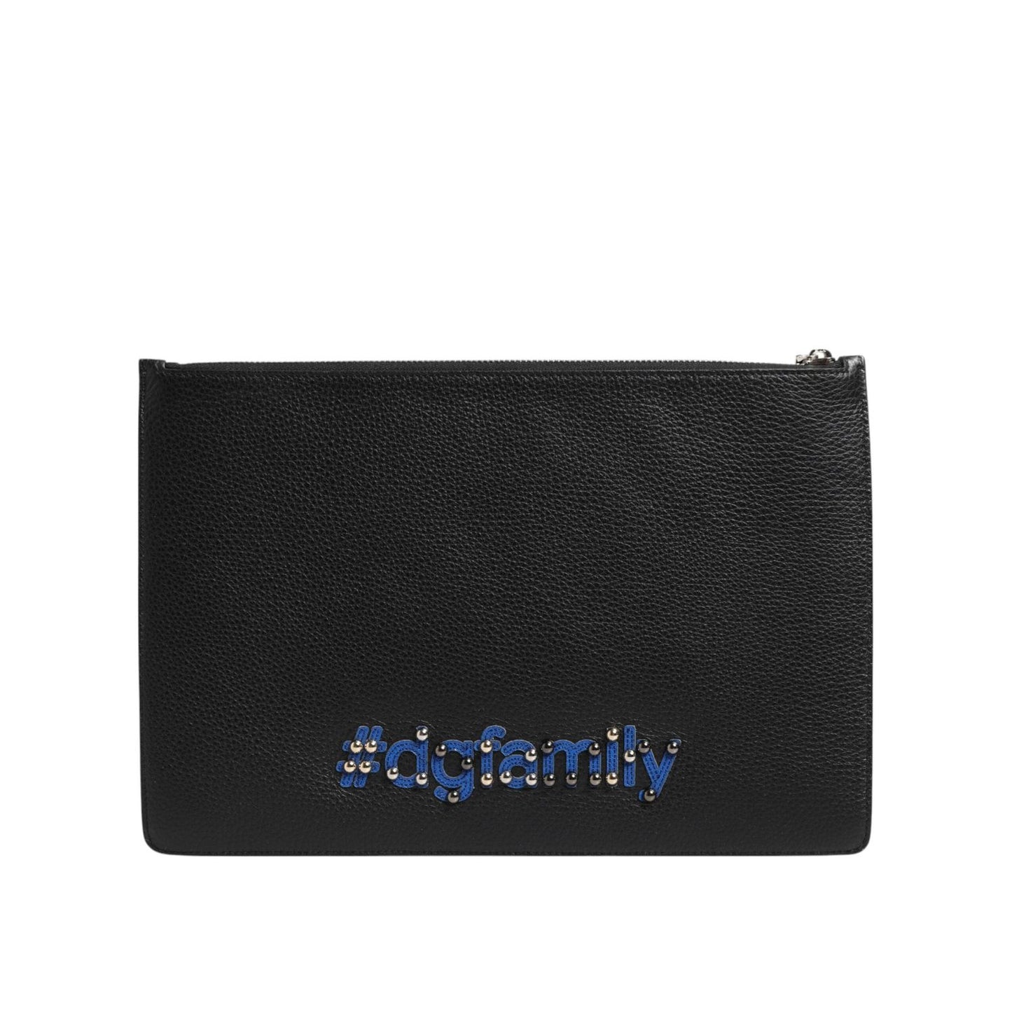 Dolce & Gabbana Black Leather #DGFAMILY Embellished Men Clutch Pouch Bag with multicolor appliques and zipper closure