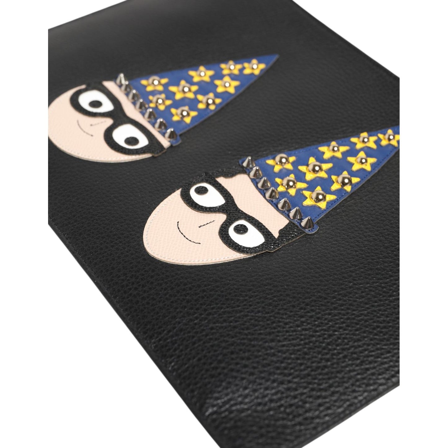 Dolce & Gabbana Black Leather #DGFAMILY Embellished Men Clutch Pouch Bag with multicolor graphic appliques and zip closure.