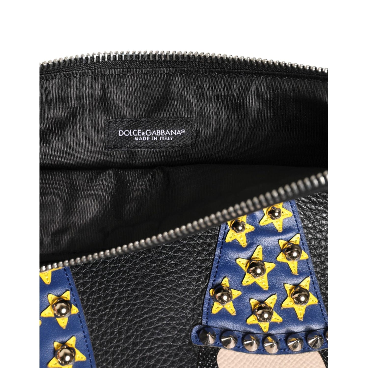 Interior view of Dolce & Gabbana Black Leather #DGFAMILY Embellished Men Clutch Pouch Bag showing zipper and multicolor star accents.
