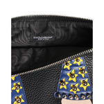 Interior view of Dolce & Gabbana Black Leather #DGFAMILY Embellished Men Clutch Pouch Bag showing zipper and multicolor star accents.