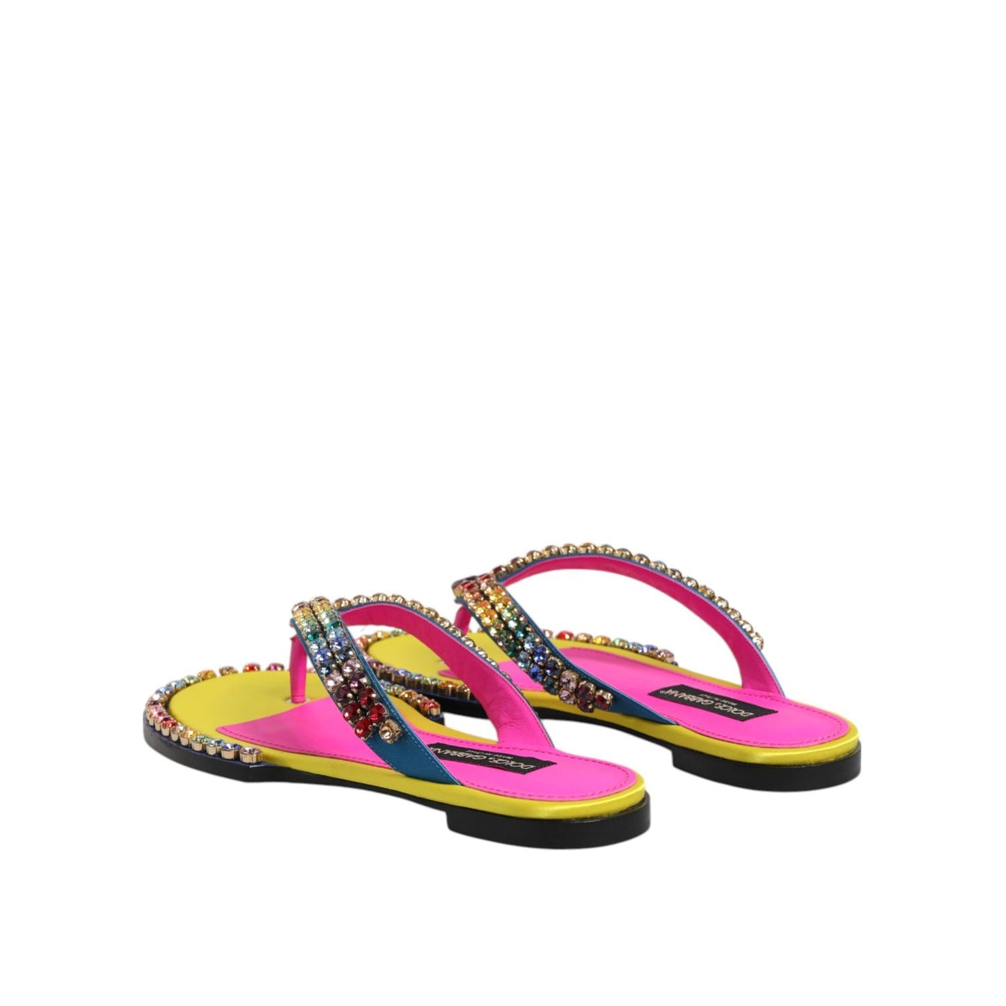 Dolce & Gabbana Multicolor Rhinestone Flip Flop Flat Sandals Shoes with crystal embellishments and leather sole, back view.