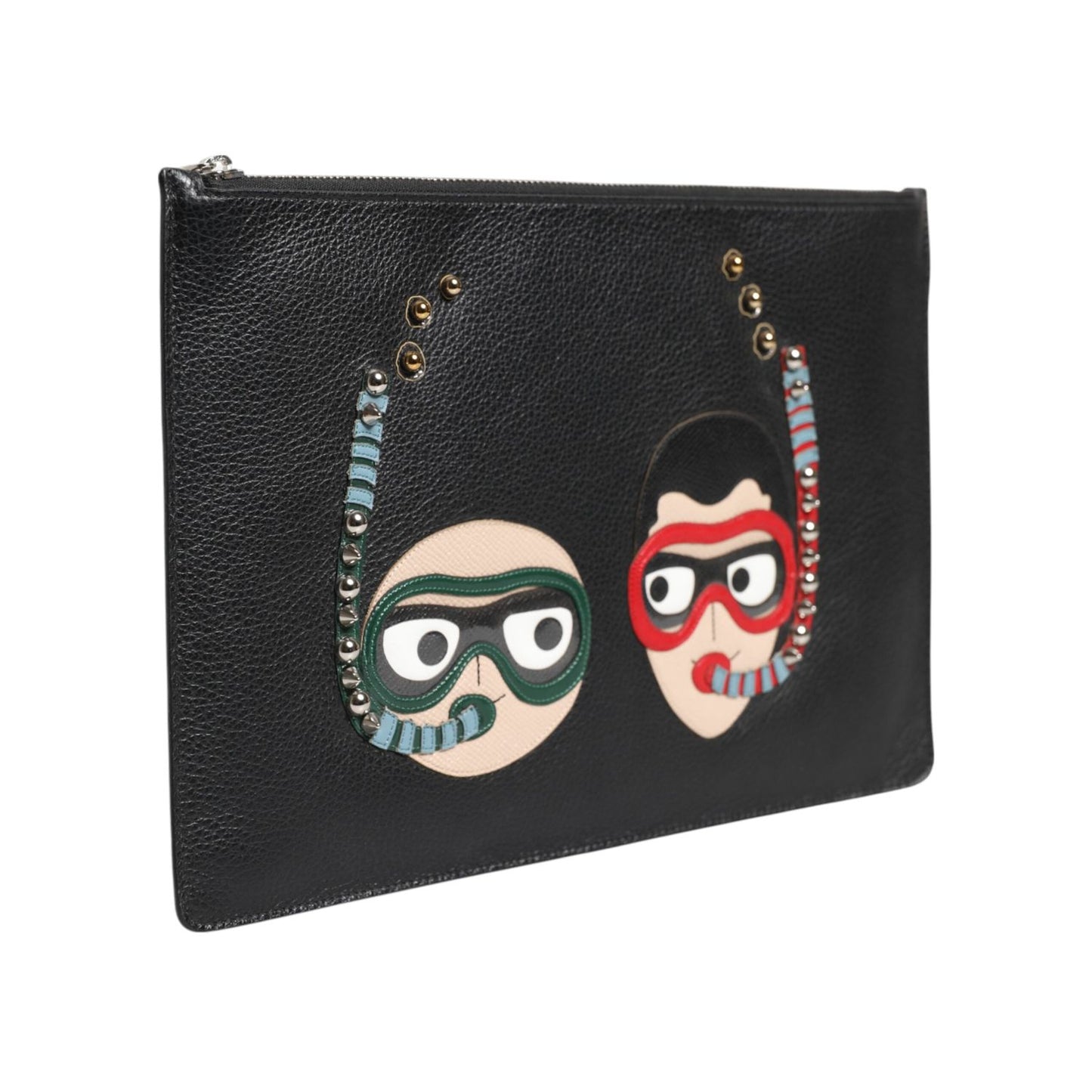 Dolce & Gabbana Black Leather #DGFAMILY Embellished Men Clutch Pouch Bag with multicolor appliqués