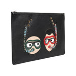 Dolce & Gabbana Black Leather #DGFAMILY Embellished Men Clutch Pouch Bag with multicolor appliqués
