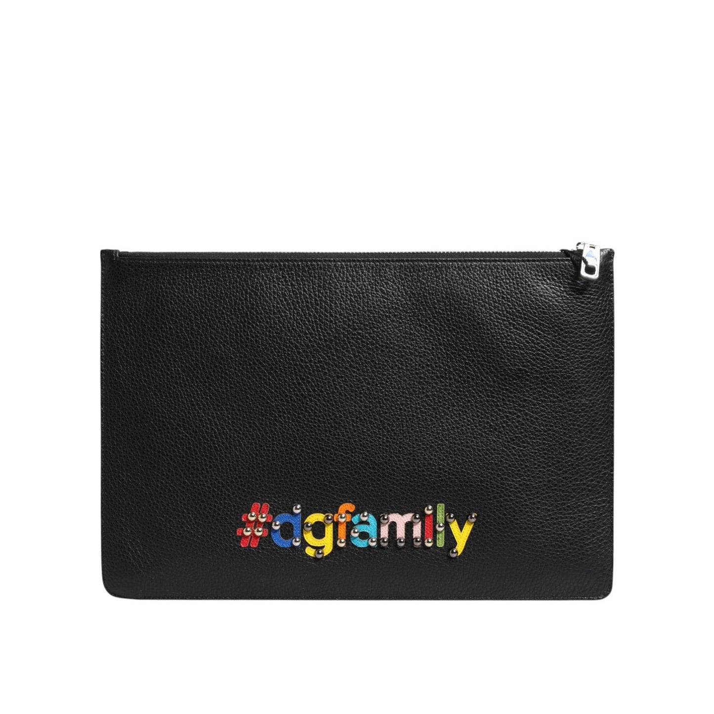 Dolce & Gabbana Black Leather #DGFAMILY Embellished Men Clutch Pouch Bag with multicolor appliqués and zipper closure.