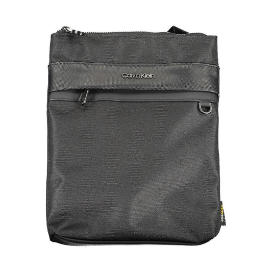 Calvin Klein Black Polyester Shoulder Bag with adjustable strap, contrast details, external pocket, and zip closure, made from recycled polyester.