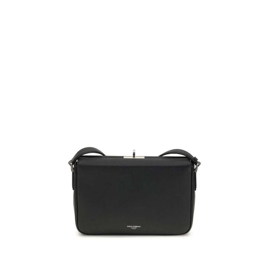 Dolce & Gabbana Black Calf Leather Bos Taurus Shoulder Bag with adjustable strap and metal zipper closure.