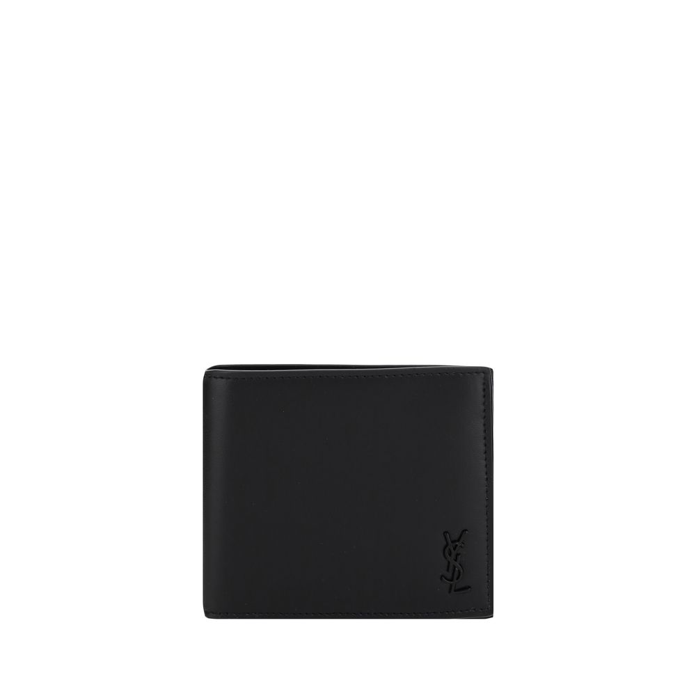 Saint Laurent Black Calf Leather Bos Taurus Wallet with logo plaque and bill fold design.
