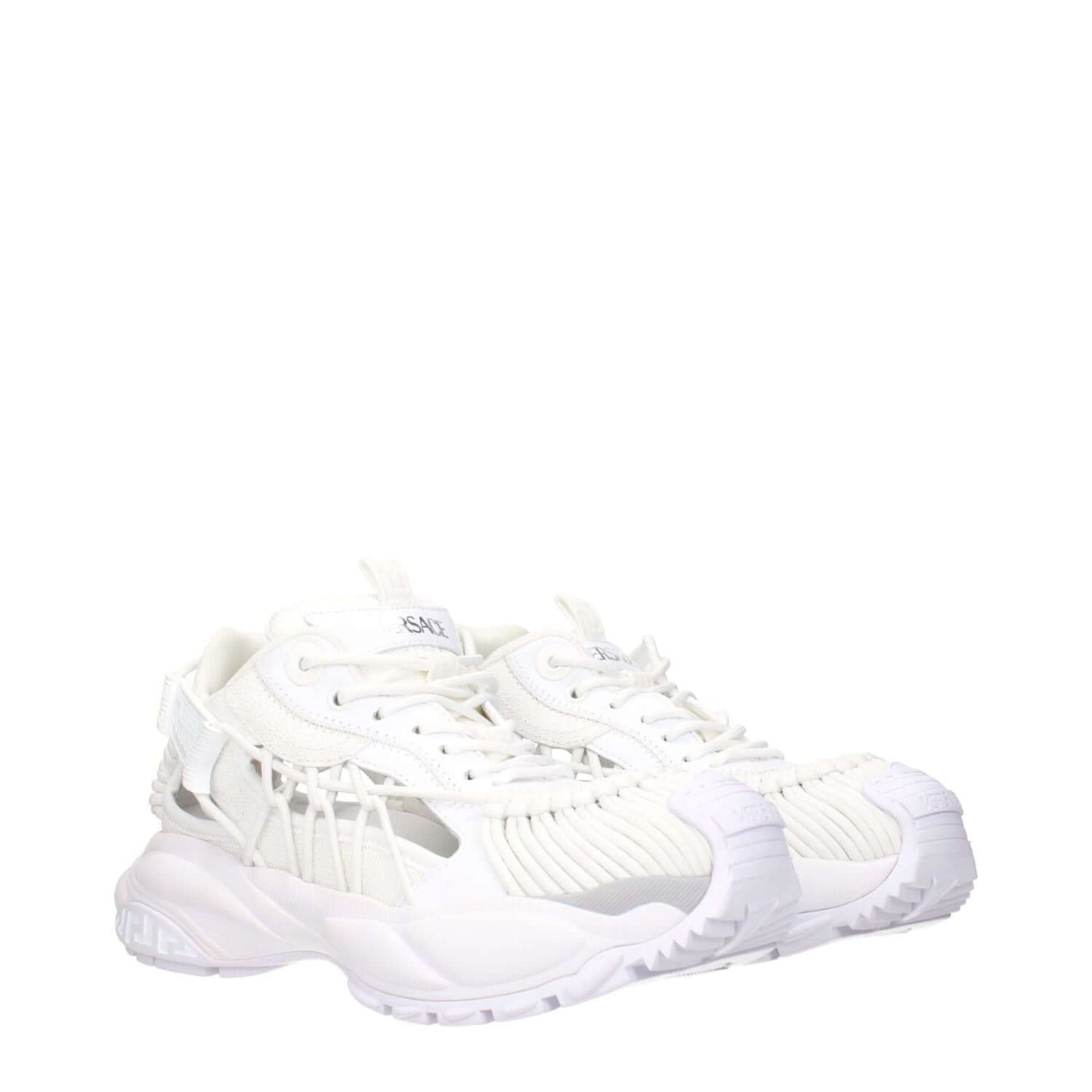 Versace White Leather Athletic Sneakers with front and side logos, lace-up closure, round toe, mid heels, and rubber sole.
