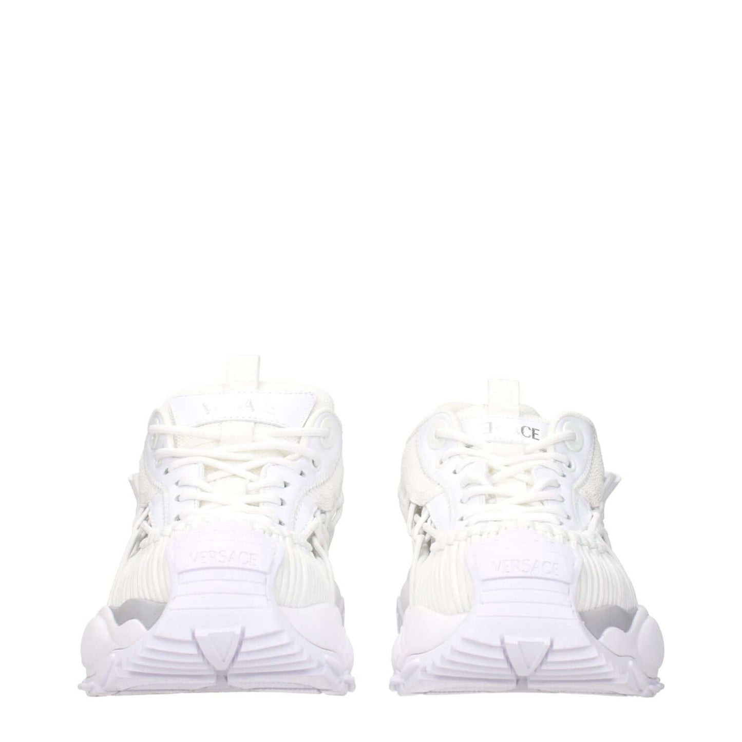 Versace White Leather Athletic Sneakers with front and side logo, round toe, lace-up closure, rubber sole, mid heels, 4.5 cm heel height.