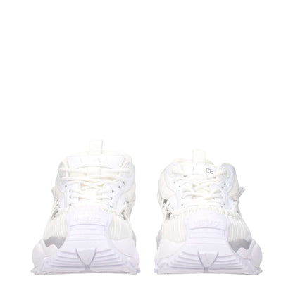 Versace White Leather Athletic Sneakers with front and side logo, round toe, lace-up closure, rubber sole, mid heels, 4.5 cm heel height.
