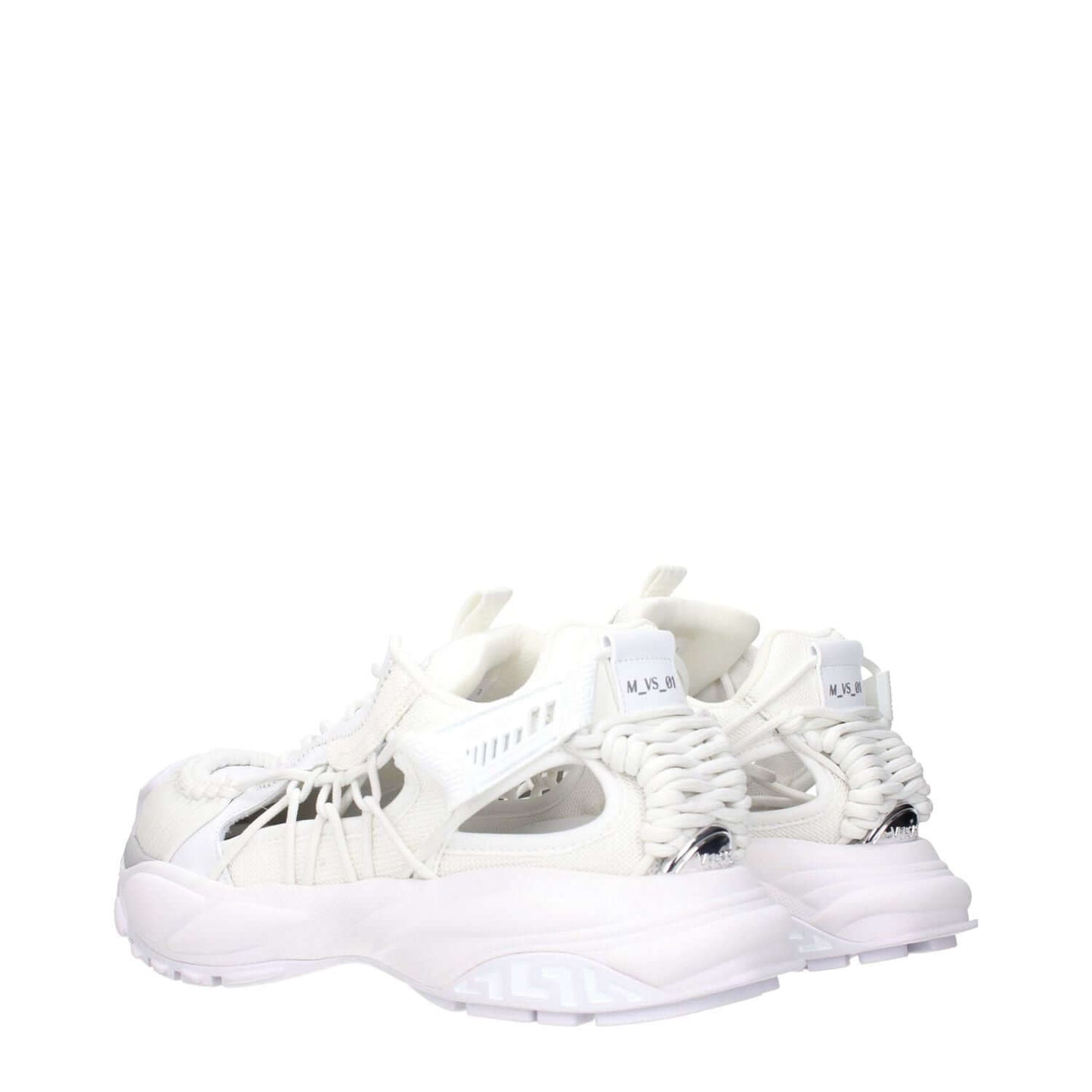 Versace White Leather Athletic Sneakers with lace-up closure, featuring front and side logos, mid heels, and rubber sole.