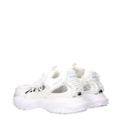 Versace White Leather Athletic Sneakers with lace-up closure, featuring front and side logos, mid heels, and rubber sole.
