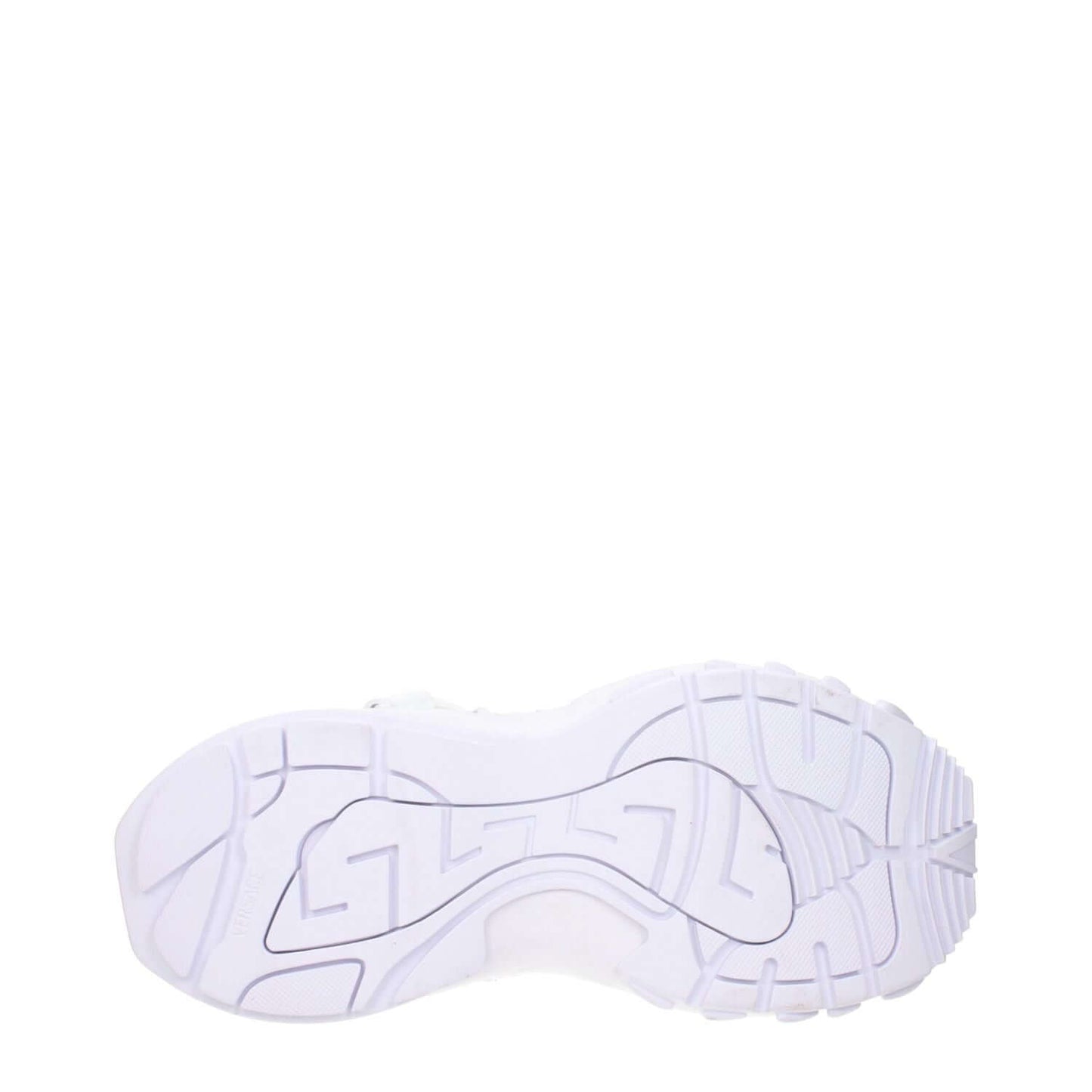 Bottom view of Versace White Leather Athletic Sneakers with rubber sole and designer tread pattern.