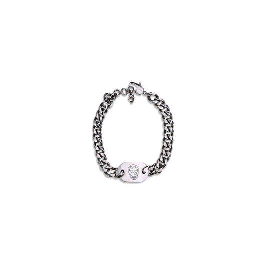 Alexander McQueen Silver Brass Bracelet featuring skull charm and engraved logo with antiqued silver chain for bold fashion statement.