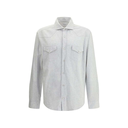 Brunello Cucinelli Gray Cotton Shirt with snap button closure and front patch pockets, ideal for casual elegance. Crafted in Italy.