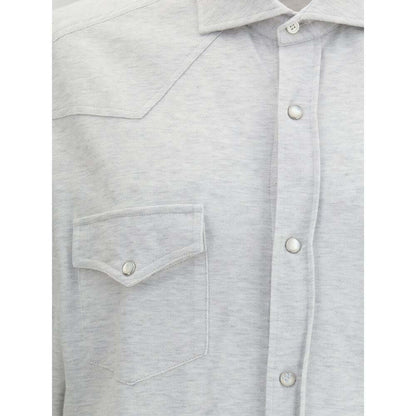 Close-up of Brunello Cucinelli Gray Cotton Shirt with snap button closure and patch pocket.