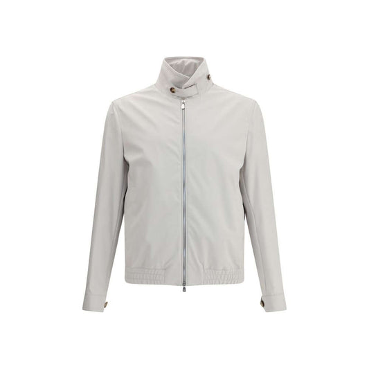 Brunello Cucinelli Gray Polyamide Shell Jacket with structured collar, zipper closure, and adjustable cuffs for sporty elegance and functionality.