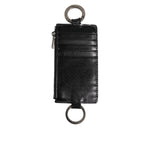Dolce & Gabbana Black Leather Logo Embossed Lanyard Card Holder Wallet with zipper and ring fastening.