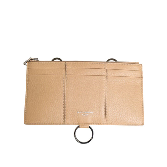 Dolce & Gabbana Beige Calfskin Leather Large Crossbody Card Holder Wallet with logo detail and keyring attachment, front view.