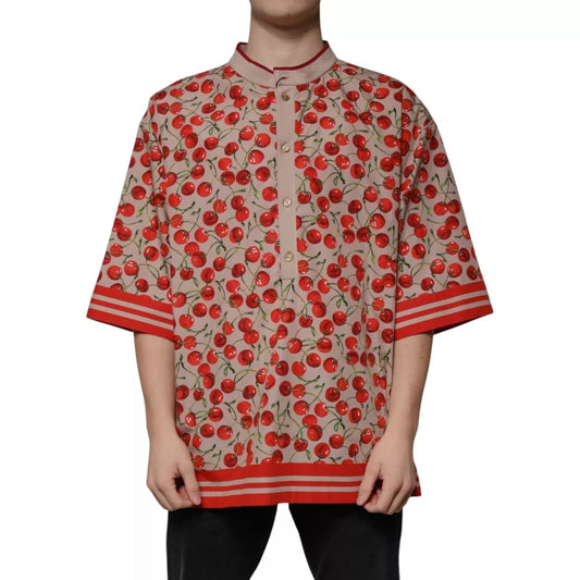 Dolce & Gabbana Beige Cherry Nylon Buttoned Casual Shirt