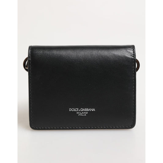 Dolce & Gabbana Black Leather DG Logo Bifold Card Holder Men Borse Wallet, sleek black design with logo embossed.