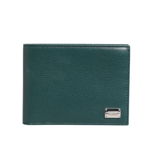 Dolce & Gabbana Green Leather DG Logo Plaque Bifold Men Card Holder Wallet with metal logo plaque shown in image.