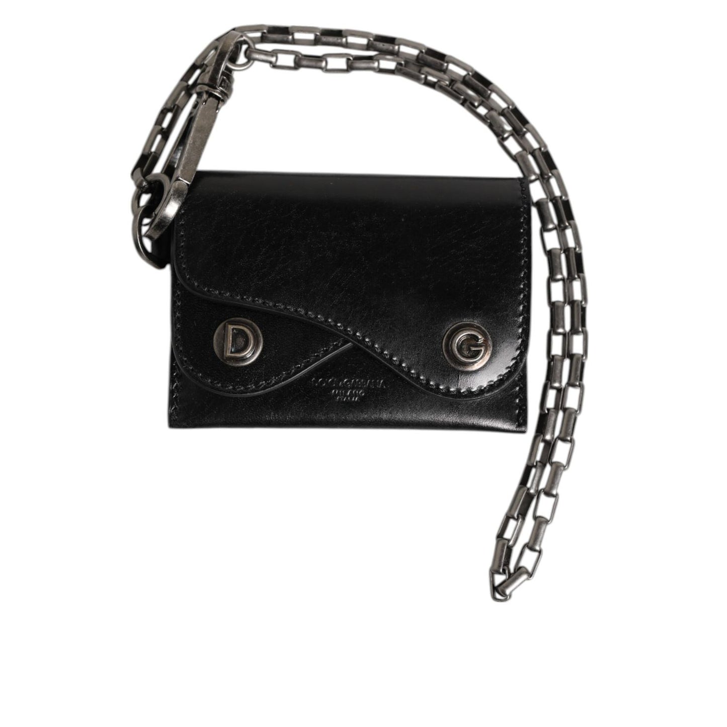 Dolce & Gabbana Black Cavallo Leather Wallet Chain Snap Bifold Card Holder with DG monogram hardware and detachable silver chain.
