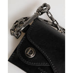 Dolce & Gabbana Black Cavallo Leather Wallet Chain Snap Bifold Card Holder with DG monogram and silver-tone chain
