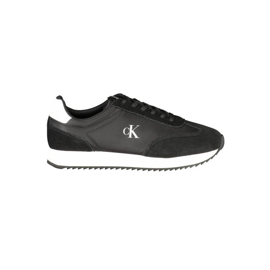 Calvin Klein Black Leather Men Sneaker with white accents and iconic logo, showcasing sleek athletic style in side view.