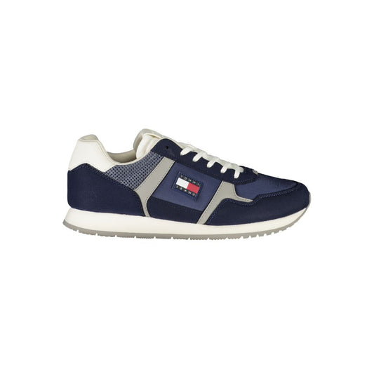 Tommy Hilfiger Blue Polyester Men Sneaker with logo, stylish and comfortable lace-up design, ideal for fashion-forward individuals.